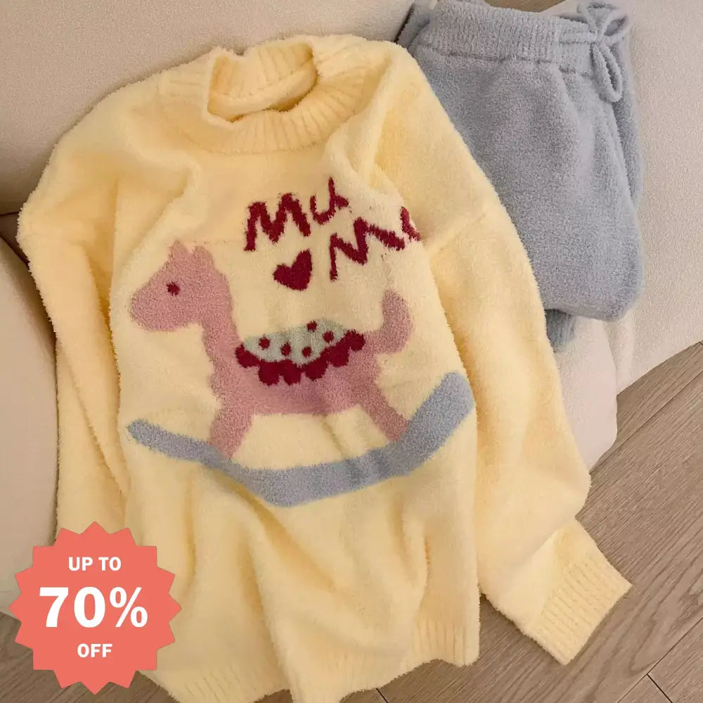 可愛い 木馬フリース パジャマ レディース 秋冬 加工 フリース 厚手 コーラルフリース 学生 保温 ルームウェア 2点セット ID2598