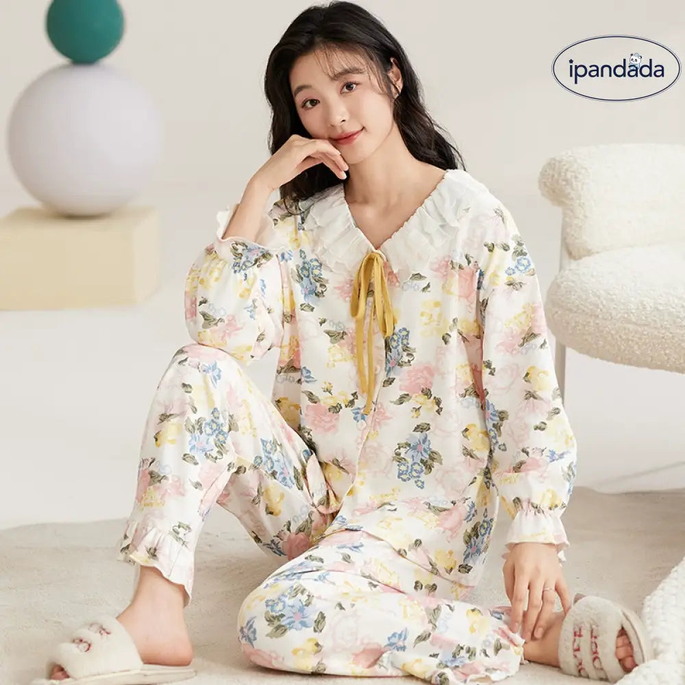 可愛い パジャマ 女性用 春秋 シーズン ピュアコットン レディース 長袖 セット 外出可 春秋の服 部屋着 プリンセス風 ID2325