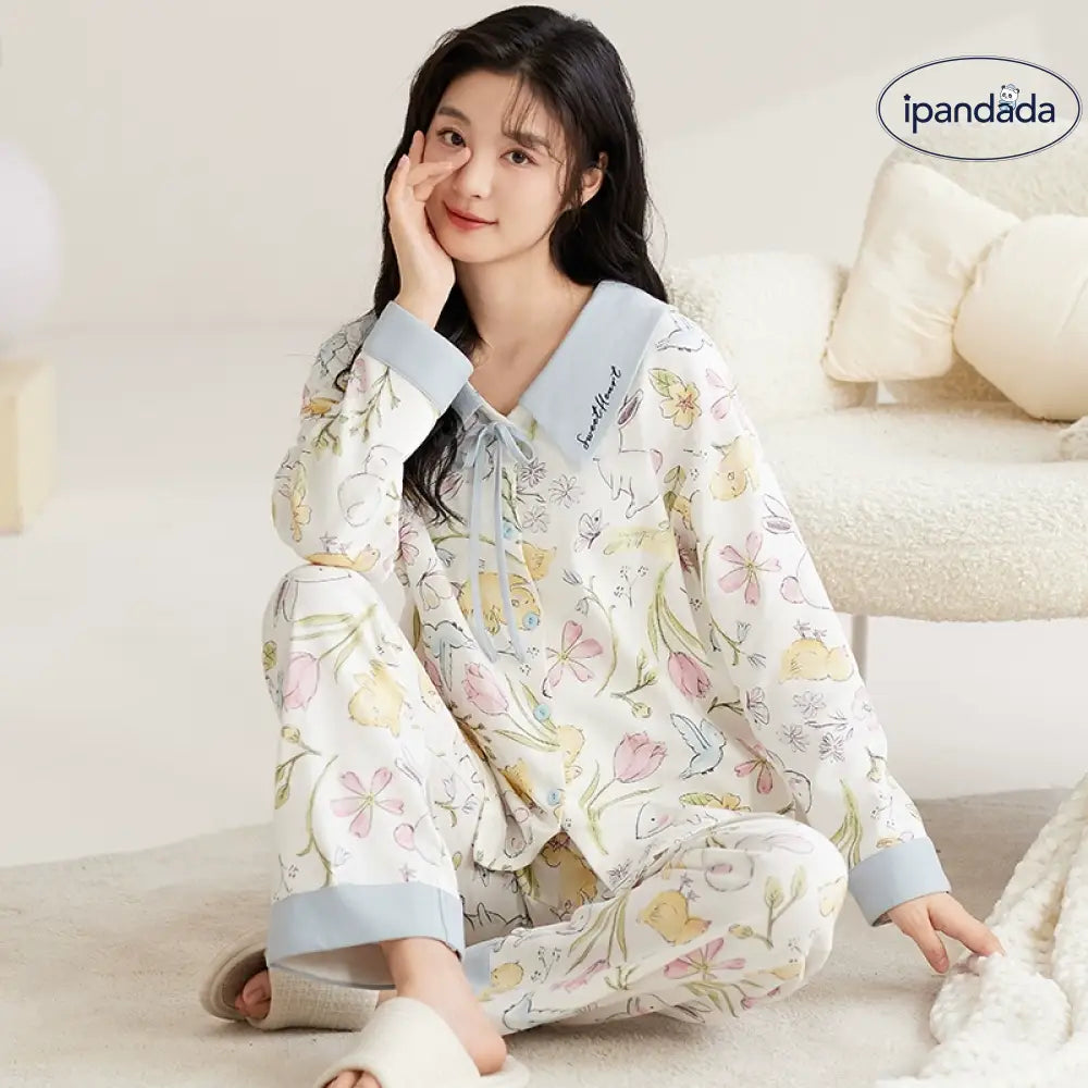 可愛い パジャマ 女性用 春秋 シーズン ピュアコットン レディース 長袖 セット 外出可 春秋の服 部屋着 プリンセス風 ID2325