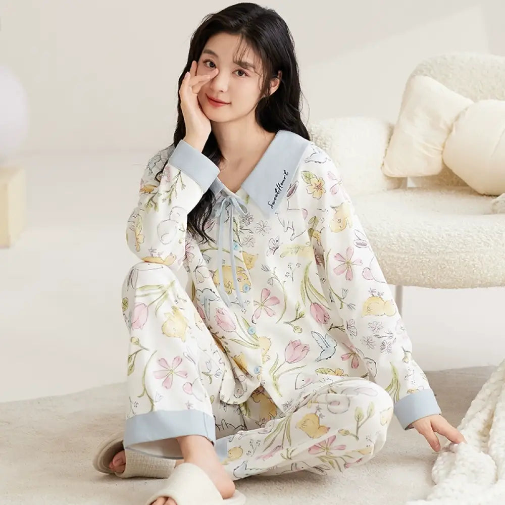 可愛い パジャマ 女性用 春秋 シーズン ピュアコットン レディース 長袖 セット 外出可 春秋の服 部屋着 プリンセス風 ID2325 タイプ⑤ / M レディース＞セットアップ