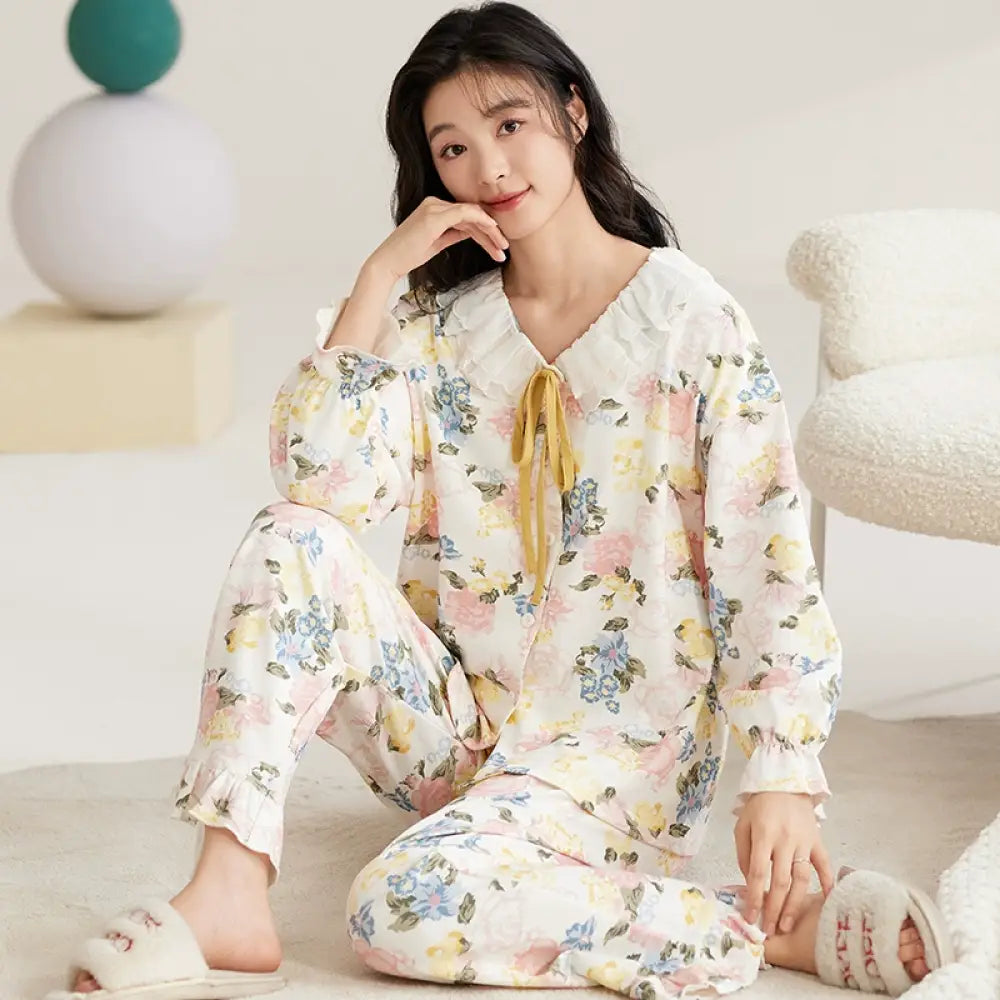 可愛い パジャマ 女性用 春秋 シーズン ピュアコットン レディース 長袖 セット 外出可 春秋の服 部屋着 プリンセス風 ID2325 タイプ② / M レディース＞セットアップ