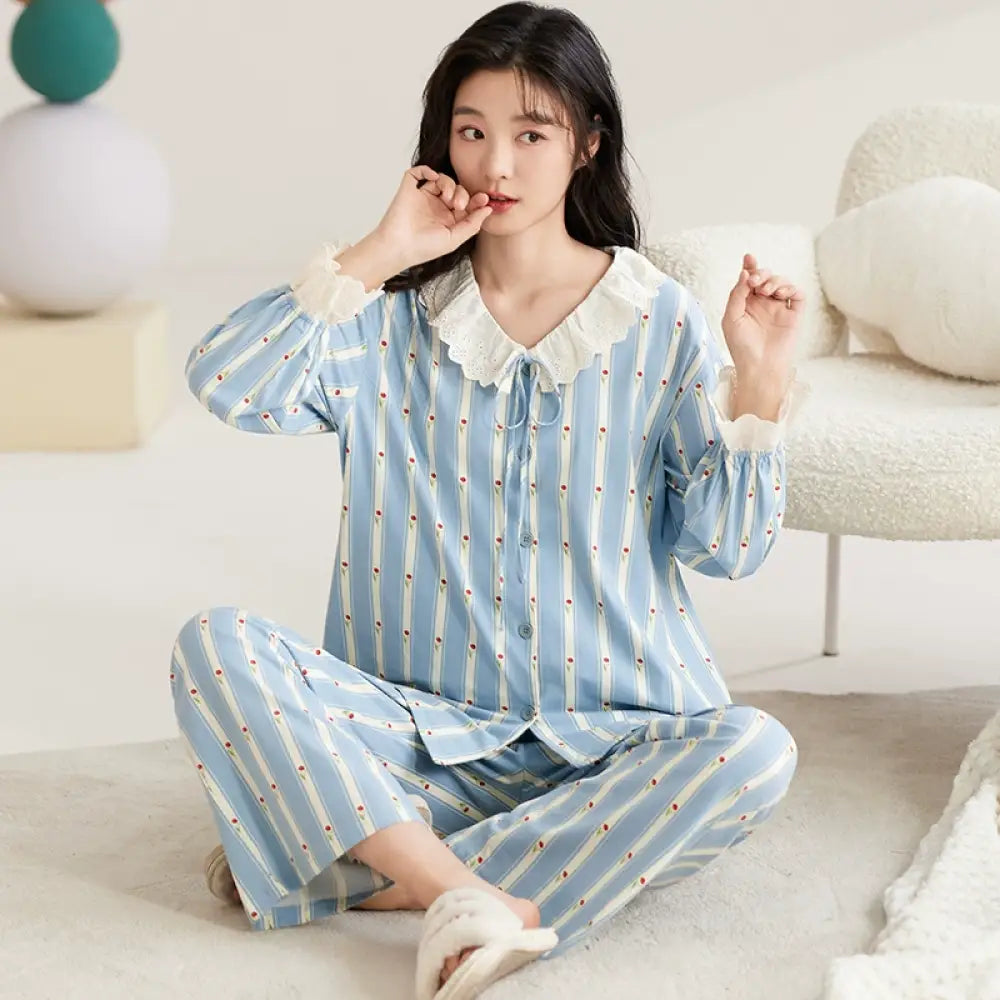 可愛い パジャマ 女性用 春秋 シーズン ピュアコットン レディース 長袖 セット 外出可 春秋の服 部屋着 プリンセス風 ID2325 タイプ① / M レディース＞セットアップ