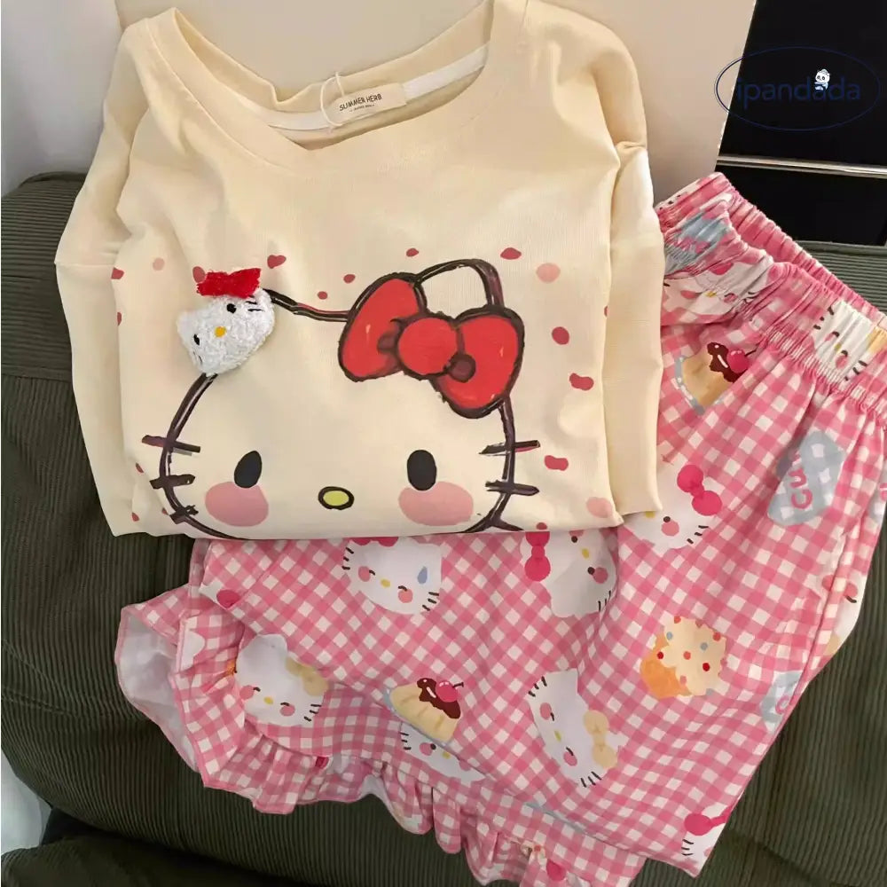 可愛い プリント 半袖 パジャマ 女性 新作 ピンク チェック柄 ロングパンツ ルームウェア 大きいサイズ セット ID4366