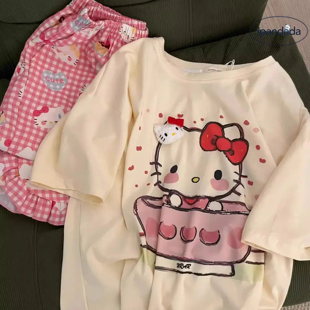 可愛い プリント 半袖 パジャマ 女性 新作 ピンク チェック柄 ロングパンツ ルームウェア 大きいサイズ セット ID4366