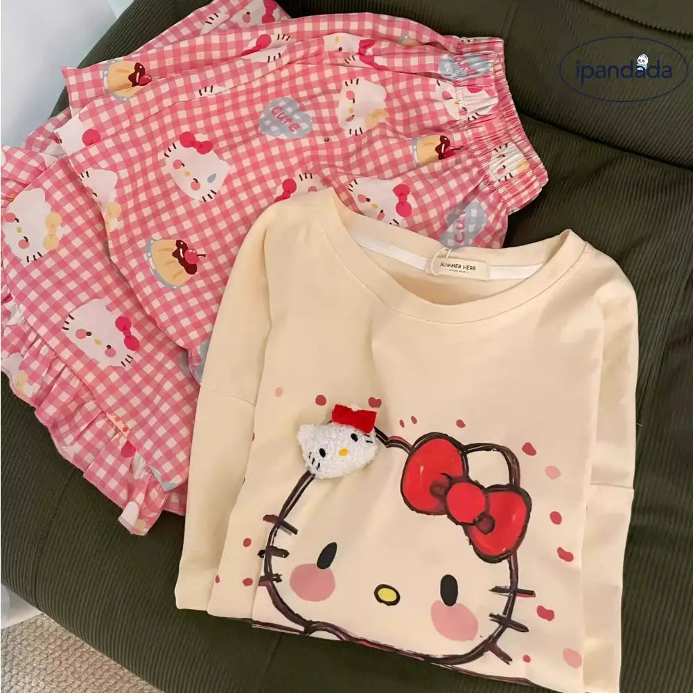 可愛い プリント 半袖 パジャマ 女性 新作 ピンク チェック柄 ロングパンツ ルームウェア 大きいサイズ セット ID4366