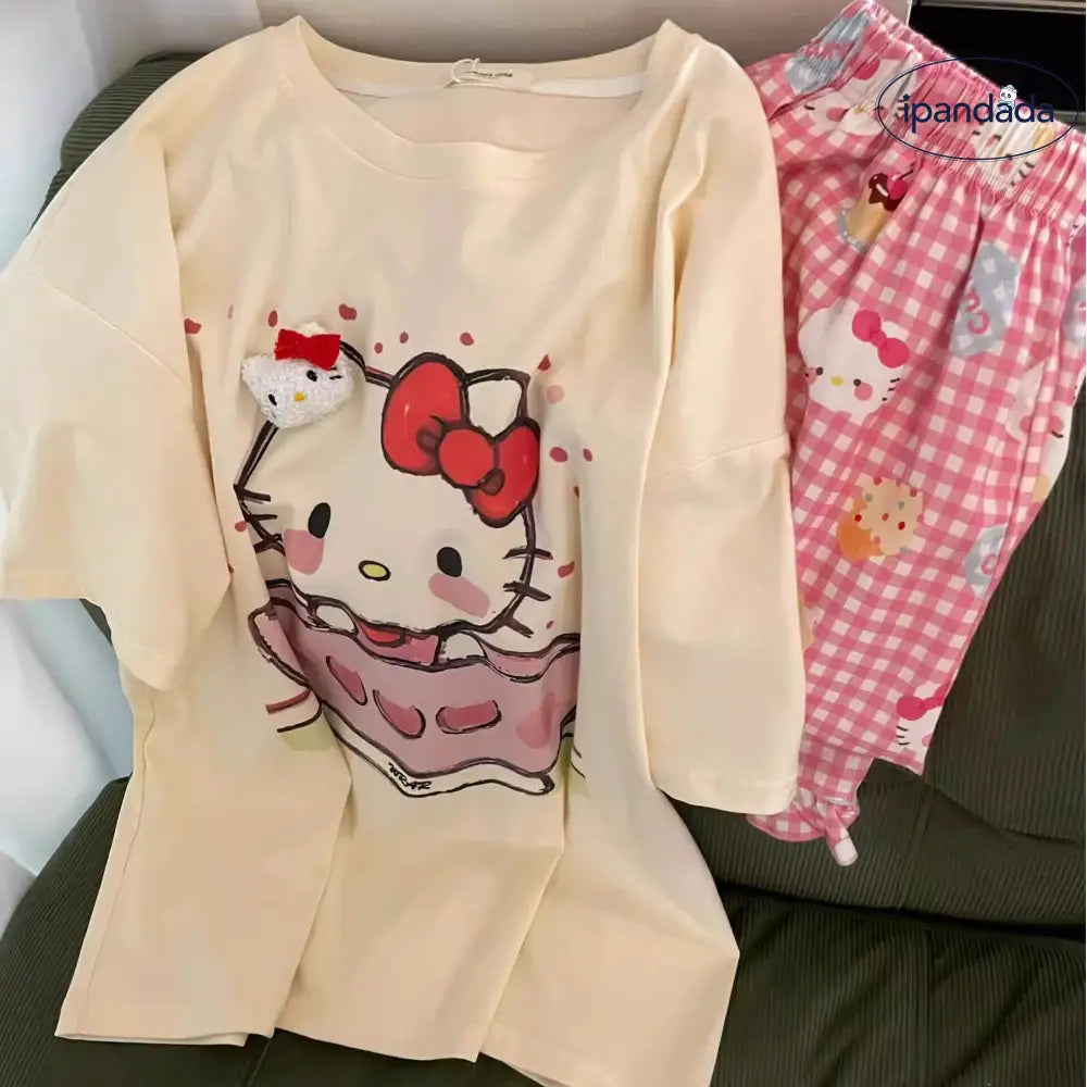 可愛い プリント 半袖 パジャマ 女性 新作 ピンク チェック柄 ロングパンツ ルームウェア 大きいサイズ セット ID4366