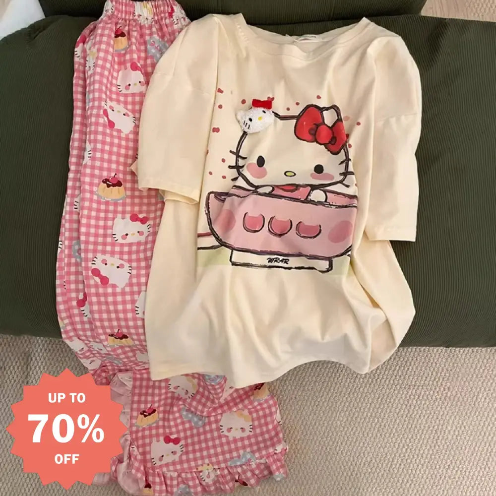 可愛い プリント 半袖 パジャマ 女性 新作 ピンク チェック柄 ロングパンツ ルームウェア 大きいサイズ セット ID4366 写真通り / S