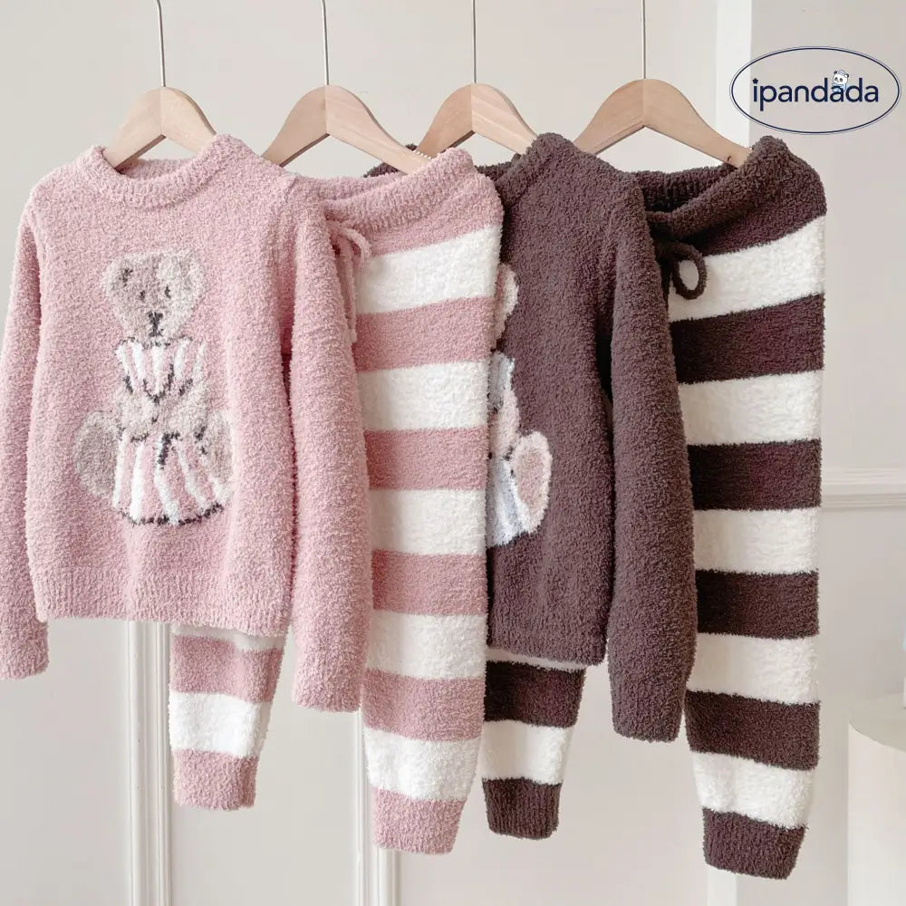 可愛い 親子 子供用 小熊 ふわふわ 厚手 ゆったり ストライプ ルームウェア セット ID3069
