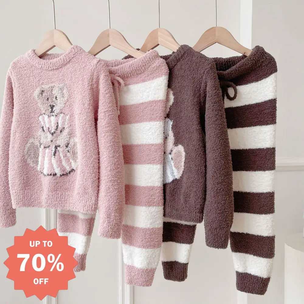 可愛い 親子 子供用 小熊 ふわふわ 厚手 ゆったり ストライプ ルームウェア セット ID3069