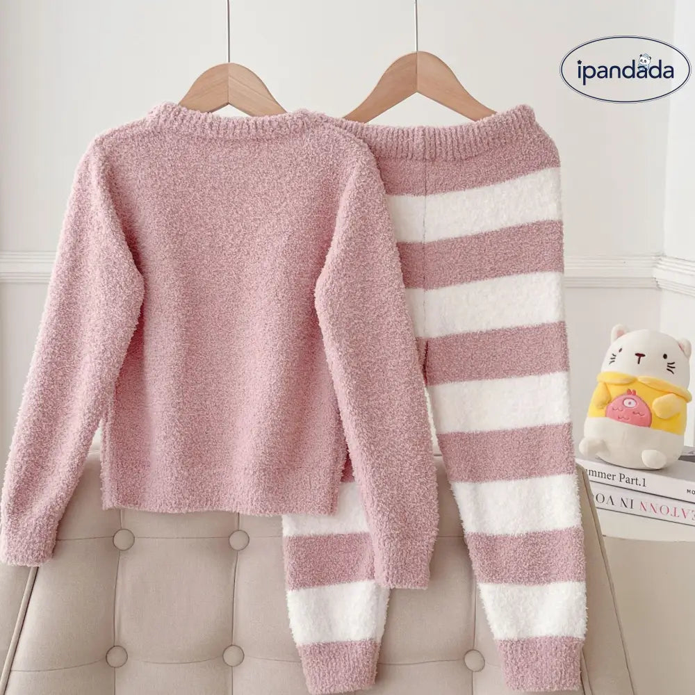 可愛い 親子 子供用 小熊 ふわふわ 厚手 ゆったり ストライプ ルームウェア セット ID3069