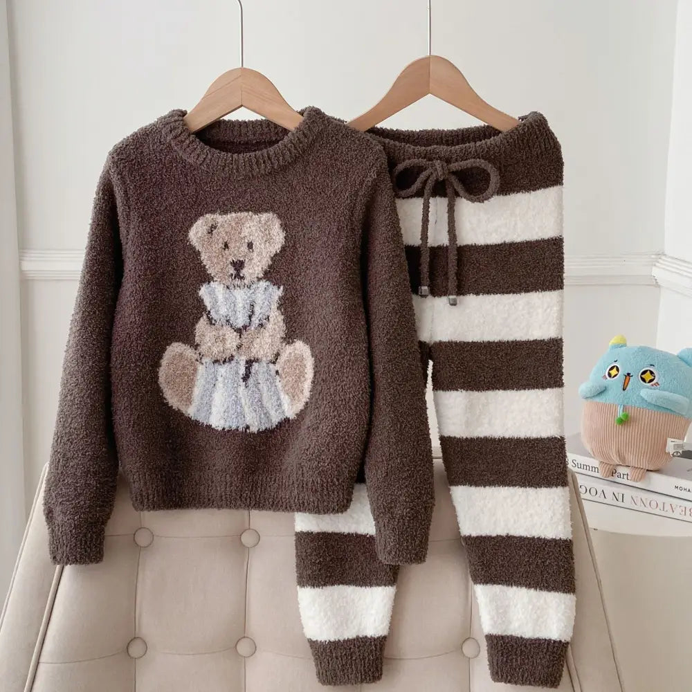 可愛い 親子 子供用 小熊 ふわふわ 厚手 ゆったり ストライプ ルームウェア セット ID3069 ブラウン / XS