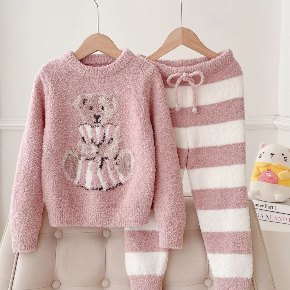 可愛い 親子 子供用 小熊 ふわふわ 厚手 ゆったり ストライプ ルームウェア セット ID3069 ピンク / XS