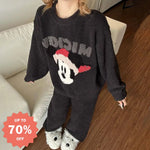 可愛い レディース 新作 コーラルフリース 冬用 刺繍入り 厚手 フリース 保温 ルームウェア セット 冬用 長袖 裏起毛 上下セット レディース ルームウェア 部屋着 ゆったり ID3732 ブラック / M レディース＞セットアップ