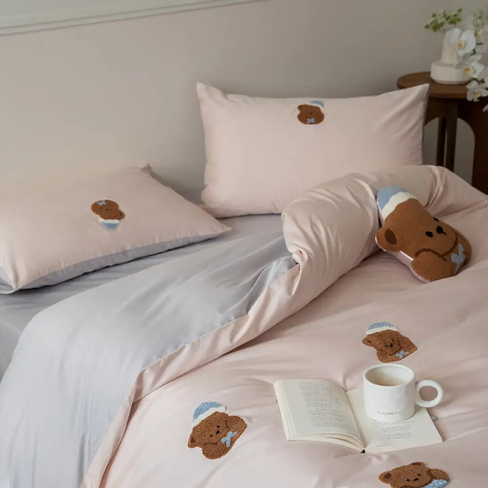 可愛い 四点セット ボックスシーツ ベッドカバー 枕カバー 布団カバー ベッドシーツ カートゥーン 刺繍 ベッドカバー 寝具 おしゃれ 速乾 寝具カバーセット ID4354 タイプ④ / フラットシーツ 1.2m