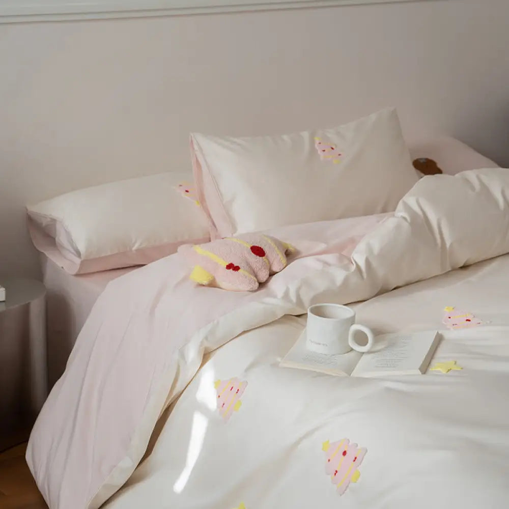 可愛い 四点セット ボックスシーツ ベッドカバー 枕カバー 布団カバー ベッドシーツ カートゥーン 刺繍 ベッドカバー 寝具 おしゃれ 速乾 寝具カバーセット ID4354 タイプ③ / フラットシーツ 1.2m