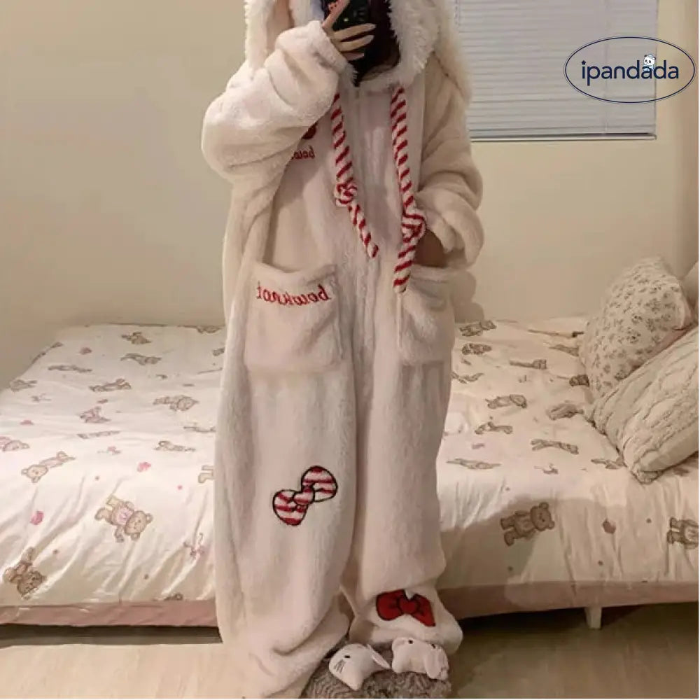 可愛い うさ耳 リボン コーラルフリース ワンピース パジャマ レディース 冬用 加绒 厚手 フリース 大きいサイズ ルームウェア ID3080