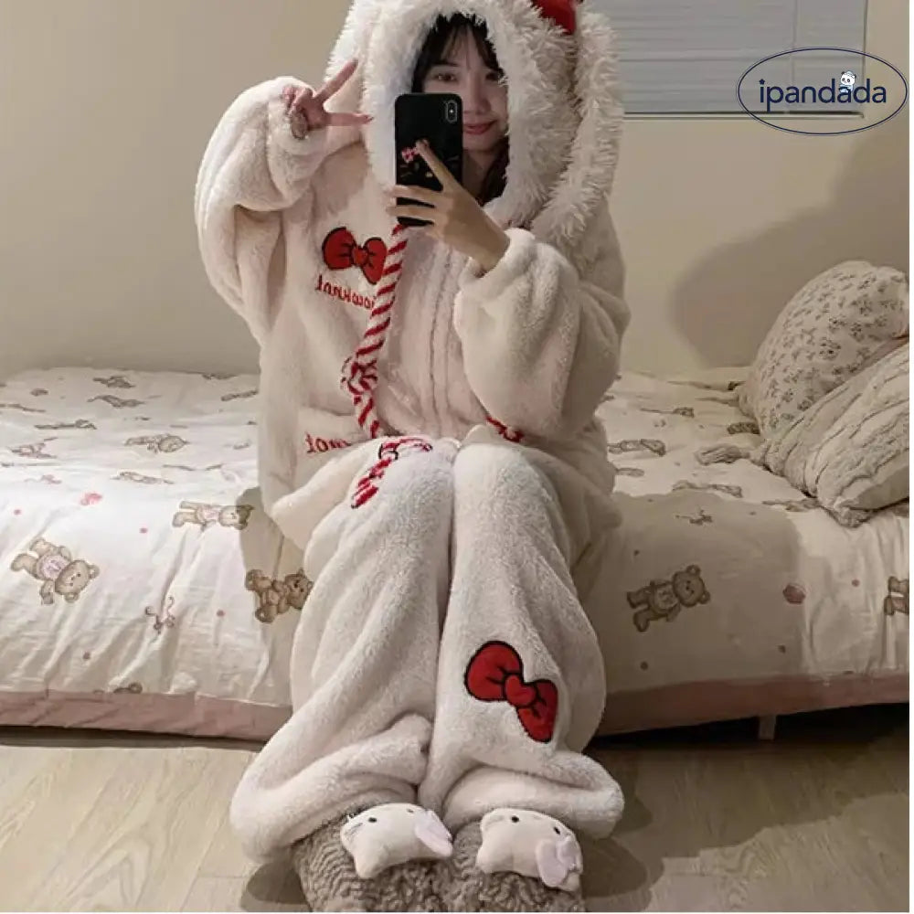 可愛い うさ耳 リボン コーラルフリース ワンピース パジャマ レディース 冬用 加绒 厚手 フリース 大きいサイズ ルームウェア ID3080