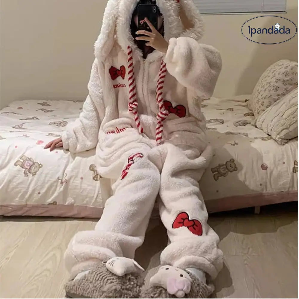 可愛い うさ耳 リボン コーラルフリース ワンピース パジャマ レディース 冬用 加绒 厚手 フリース 大きいサイズ ルームウェア ID3080