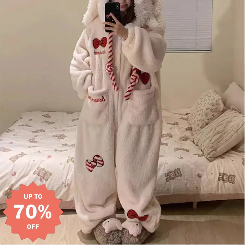 可愛い うさ耳 リボン コーラルフリース ワンピース パジャマ レディース 冬用 加绒 厚手 フリース 大きいサイズ ルームウェア ID3080 標準版 / S