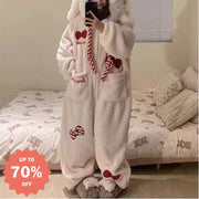 可愛い うさ耳 リボン コーラルフリース ワンピース パジャマ レディース 冬用 加绒 厚手 フリース 大きいサイズ ルームウェア ID3080 標準版 / S