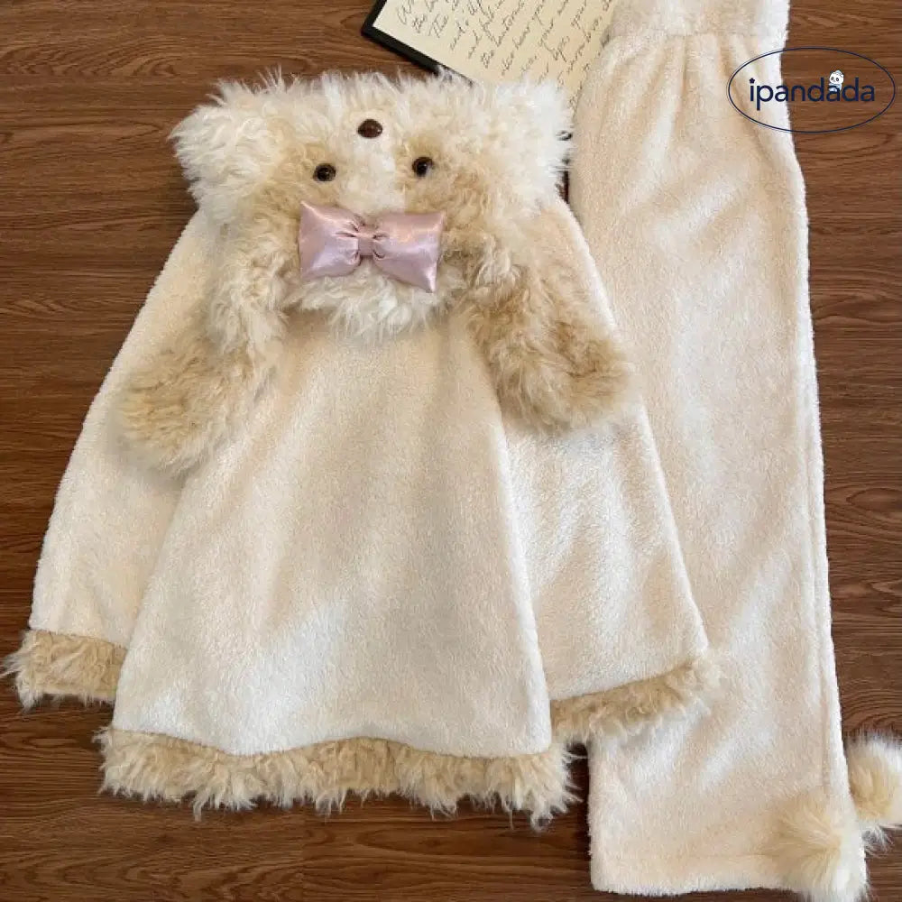 可愛い 小犬 フード付き コーラルフリース パジャマ 冬用 女性用 保温 ルームウェア セット 彼女 クリスマスプレゼント ID3246 レディース＞セットアップ