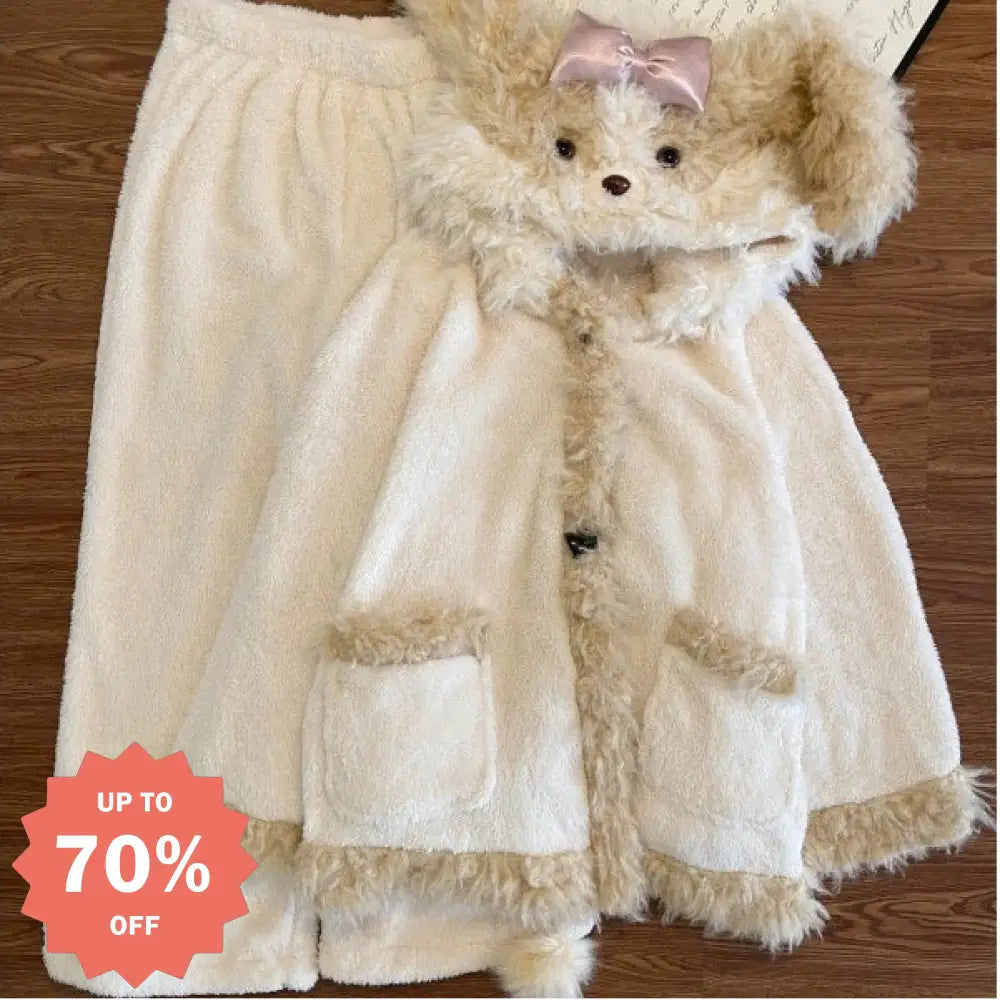 可愛い 小犬 フード付き コーラルフリース パジャマ 冬用 女性用 保温 ルームウェア セット 彼女 クリスマスプレゼント ID3246 写真通り / M レディース＞セットアップ