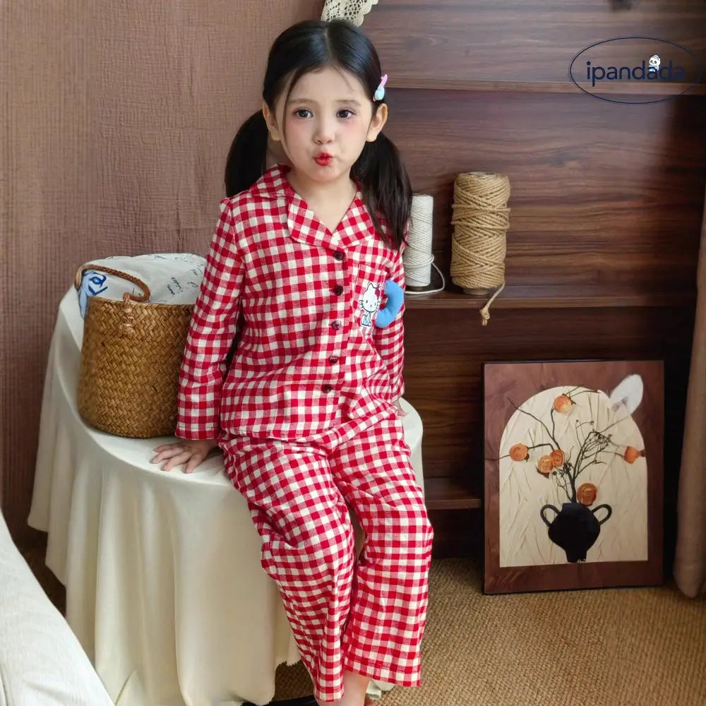 キティ チェック パジャマ セット 韓国風 女の子 キッズ ルームウェア 子供 ベビー 春秋 キャラクター 長袖 2点セット ID4019