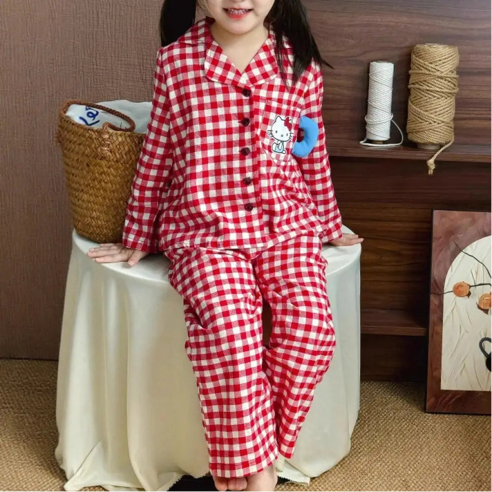 キティ チェック パジャマ セット 韓国風 女の子 キッズ ルームウェア 子供 ベビー 春秋 キャラクター 長袖 2点セット ID4019
