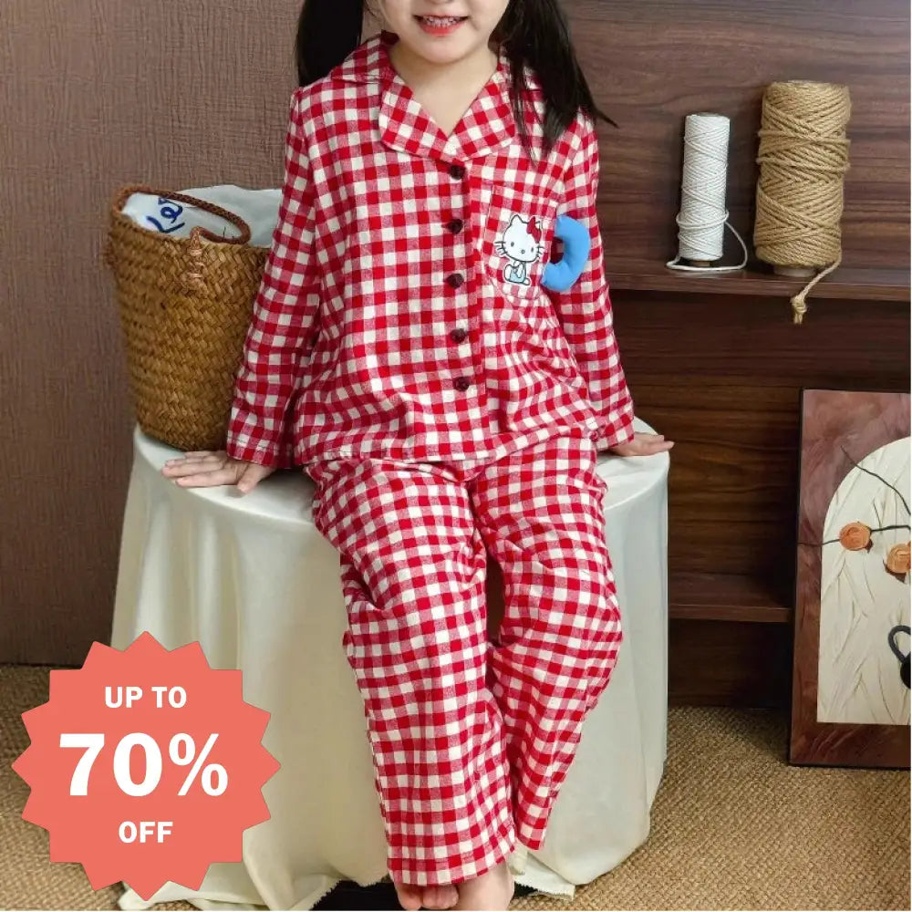 キティ チェック パジャマ セット 韓国風 女の子 キッズ ルームウェア 子供 ベビー 春秋 キャラクター 長袖 2点セット ID4019