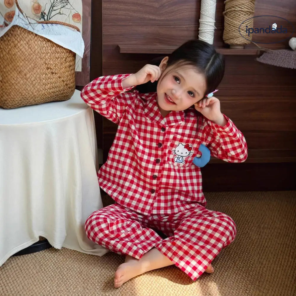キティ チェック パジャマ セット 韓国風 女の子 キッズ ルームウェア 子供 ベビー 春秋 キャラクター 長袖 2点セット ID4019