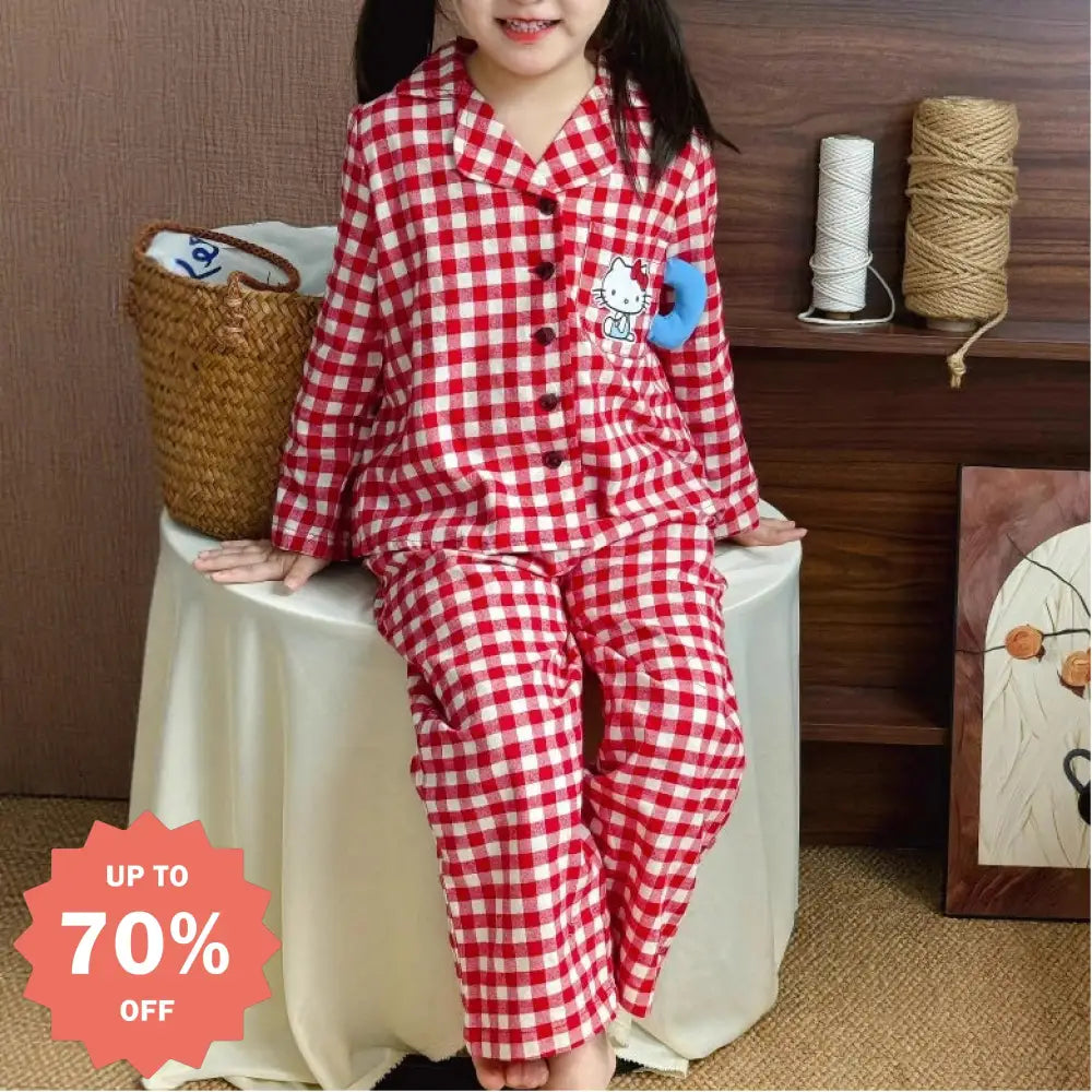キティ チェック パジャマ セット 韓国風 女の子 キッズ ルームウェア 子供 ベビー 春秋 キャラクター 長袖 2点セット ID4019