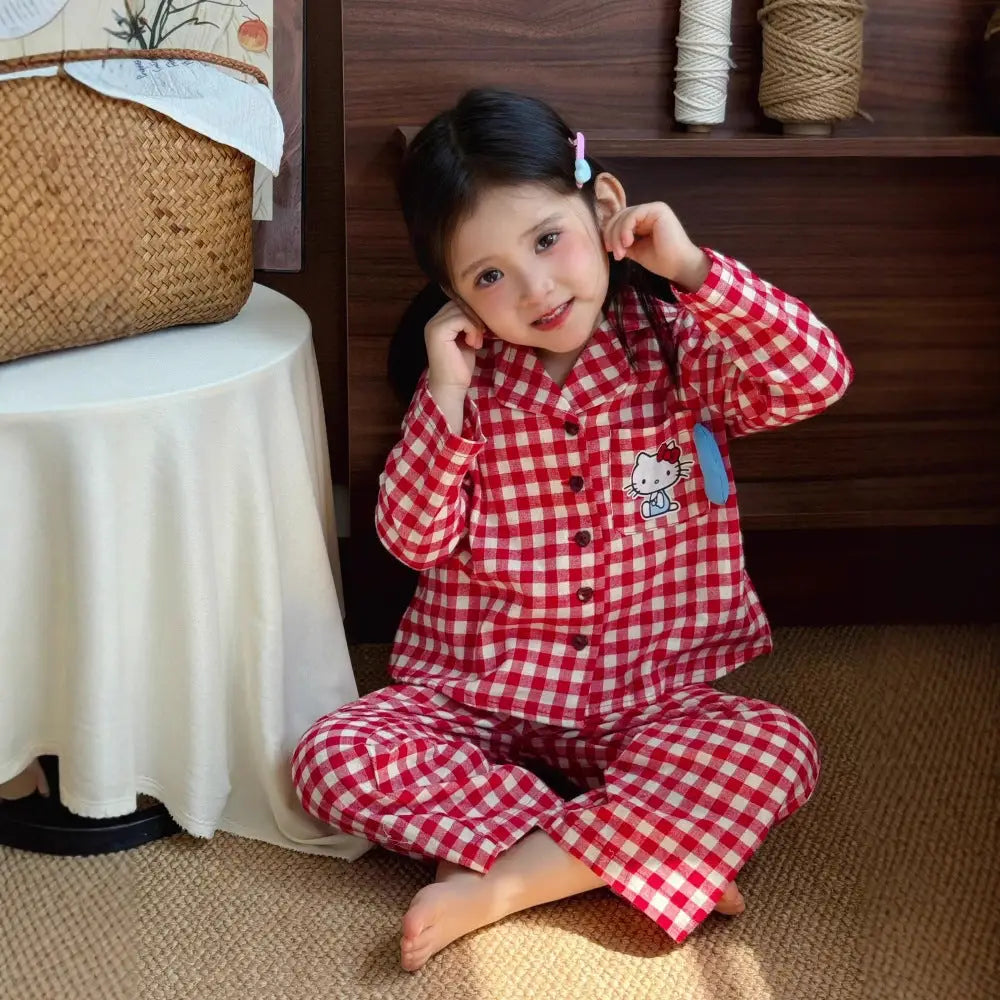 キティ チェック パジャマ セット 韓国風 女の子 キッズ ルームウェア 子供 ベビー 春秋 キャラクター 長袖 2点セット ID4019 タイプ① / 110cm