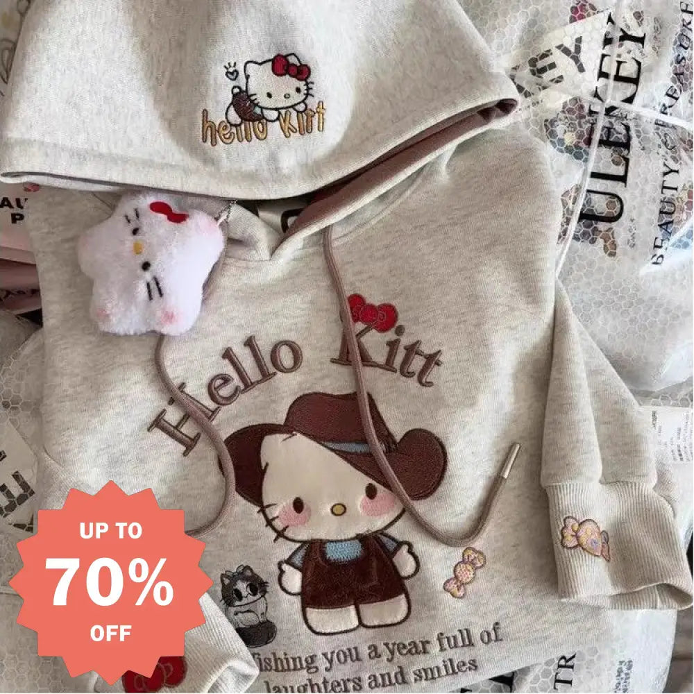 キティ 刺繍 パーカー 女の子 韓国風 長袖 アウター キッズ かわいい 外出着 フード付き トップス 薄手 ID4022 グレー / 90cm