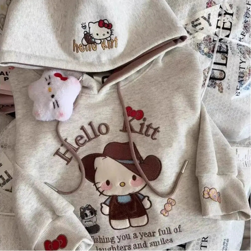 キティ 刺繍 パーカー 女の子 韓国風 長袖 アウター キッズ かわいい 外出着 フード付き トップス 薄手 ID4022 グレー / 90cm