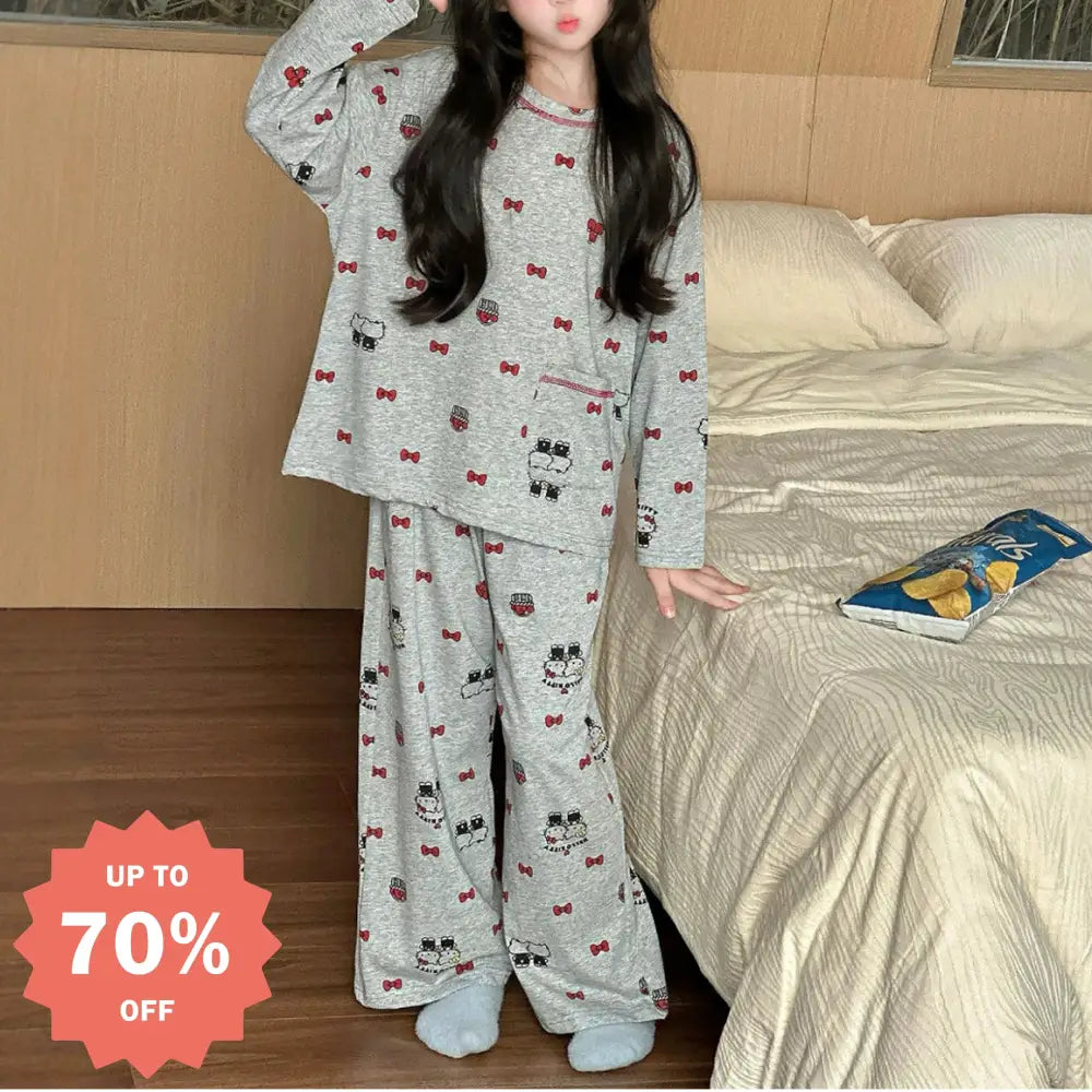 キティ 韓国風 パジャマ セット 女の子 秋冬 綿 肌に優しい ルームウェア 長袖 キッズ 2点セット ID4021
