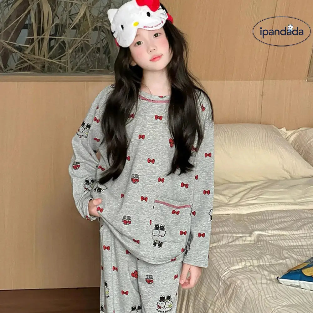 キティ 韓国風 パジャマ セット 女の子 秋冬 綿 肌に優しい ルームウェア 長袖 キッズ 2点セット ID4021