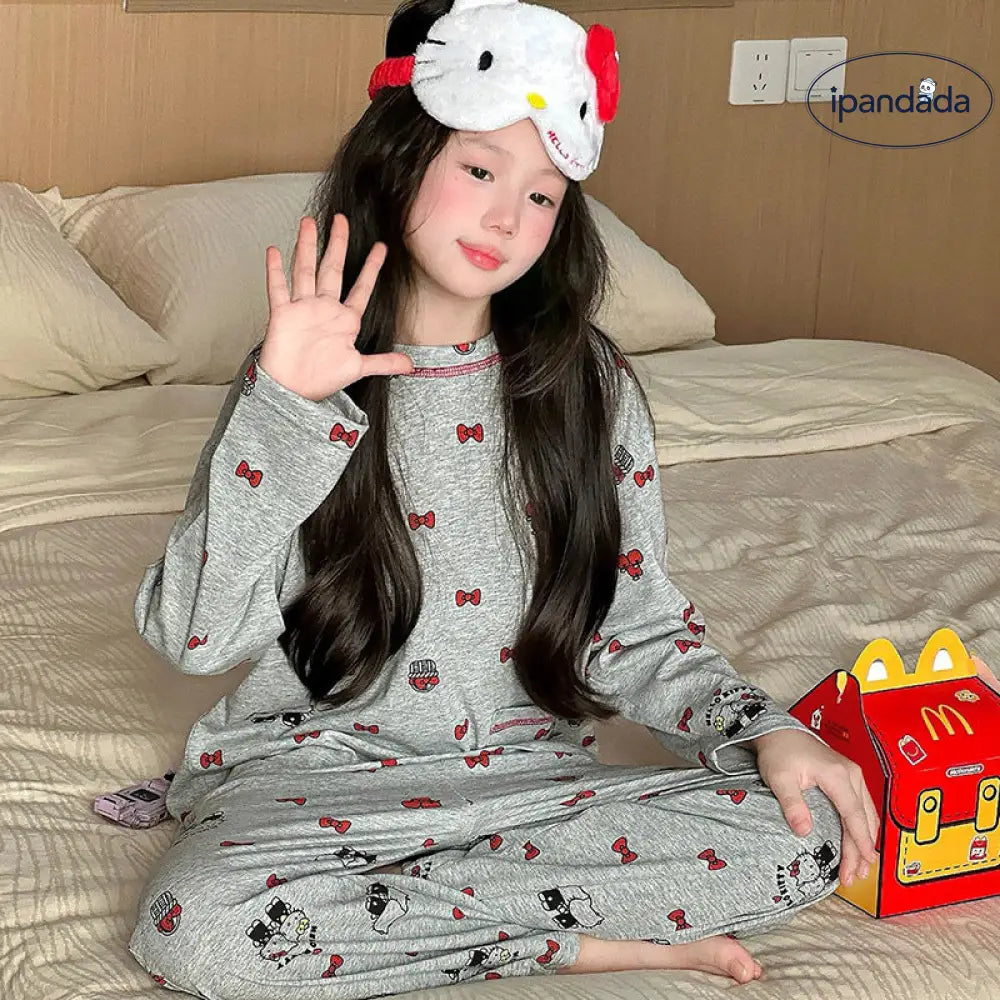 キティ 韓国風 パジャマ セット 女の子 秋冬 綿 肌に優しい ルームウェア 長袖 キッズ 2点セット ID4021