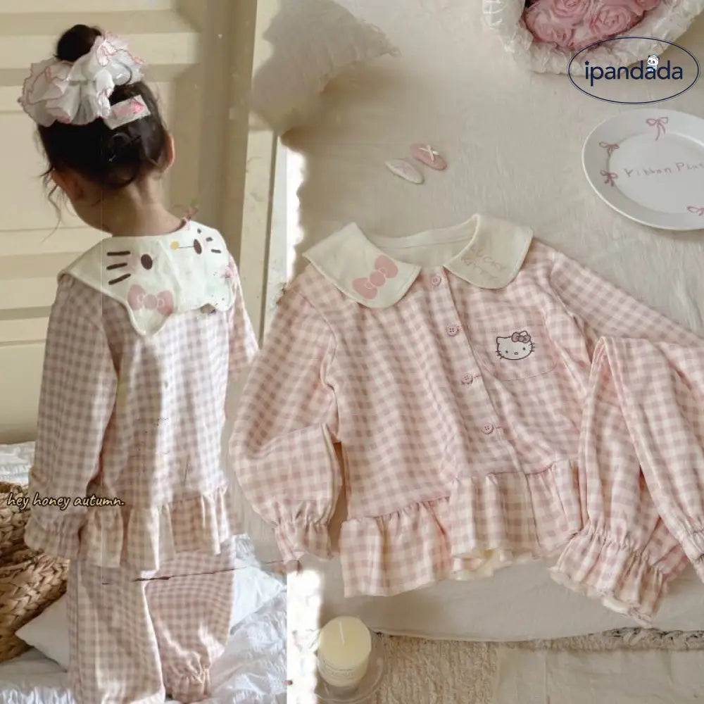 キティ カーディガン パジャマ セット 女の子 秋冬 ルームウェア キッズ 2点セット 肌に優しい ID4020