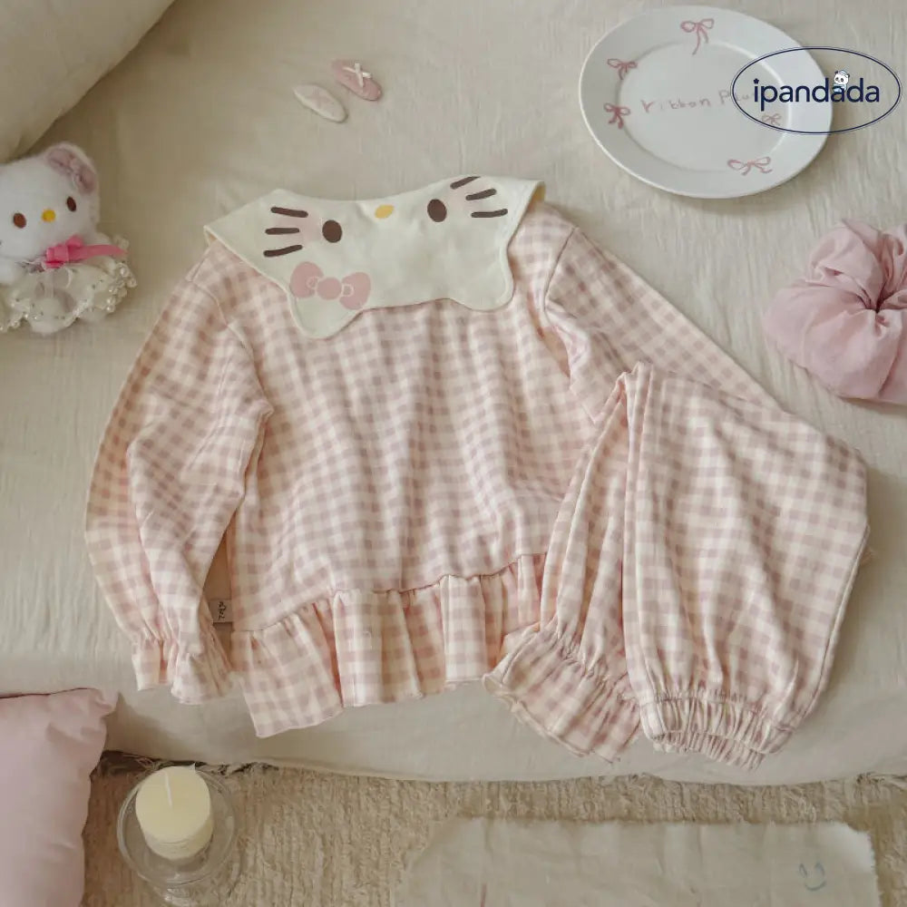 キティ カーディガン パジャマ セット 女の子 秋冬 ルームウェア キッズ 2点セット 肌に優しい ID4020