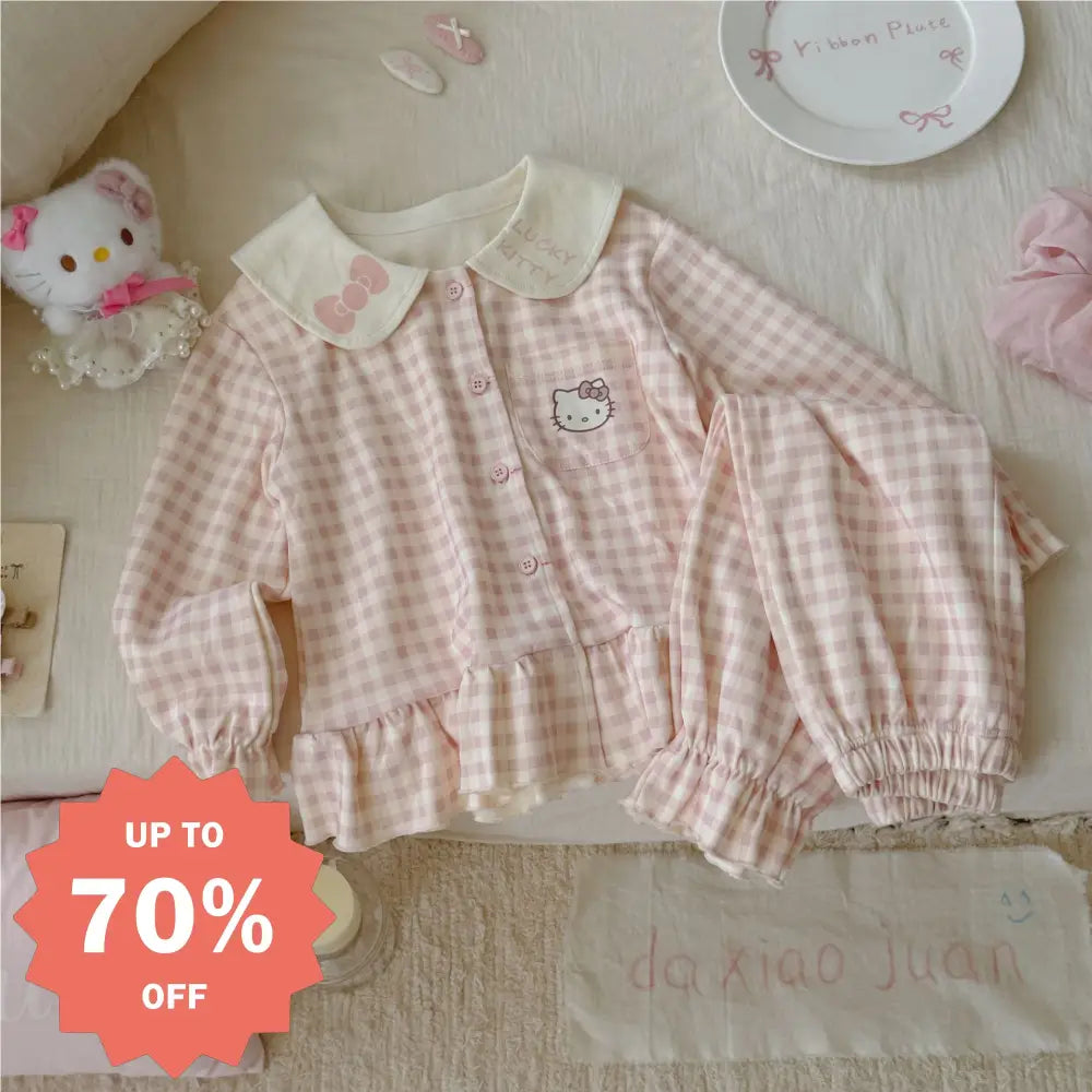 キティ カーディガン パジャマ セット 女の子 秋冬 ルームウェア キッズ 2点セット 肌に優しい ID4020 ピンク / 80cm