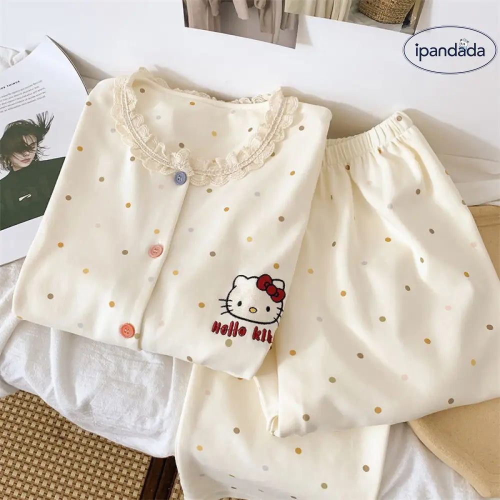 キティ かわいい パジャマ セット 春秋 クルーネック 長袖 長ズボン ルームウェア 女子 2点セット 部屋着 カジュアル 肌触りよい ID4167