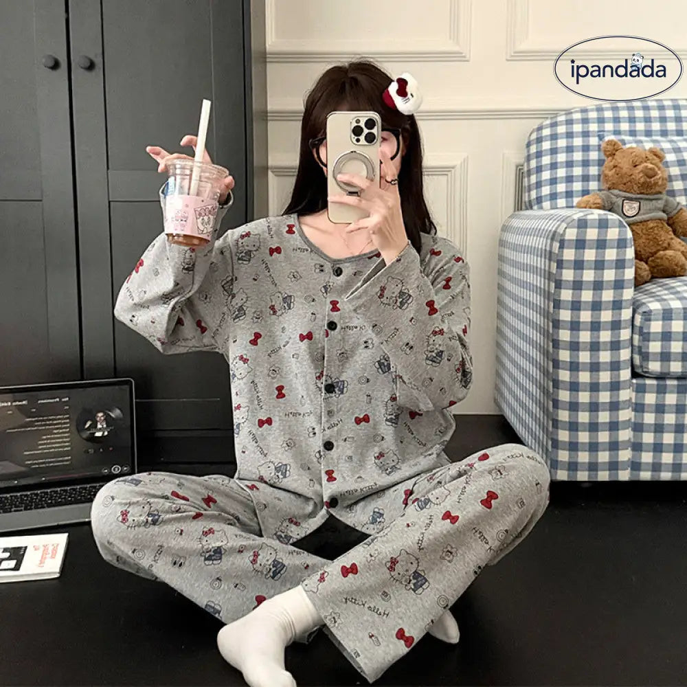 キティ猫 甘い フリース ラウンドネック カーディガン キャラクター 長袖 パジャマ レディース カーディガン セットアップ 快適 柔らかい おしゃれ ルームウェア 自宅用 リラックス 着心地 ID2554