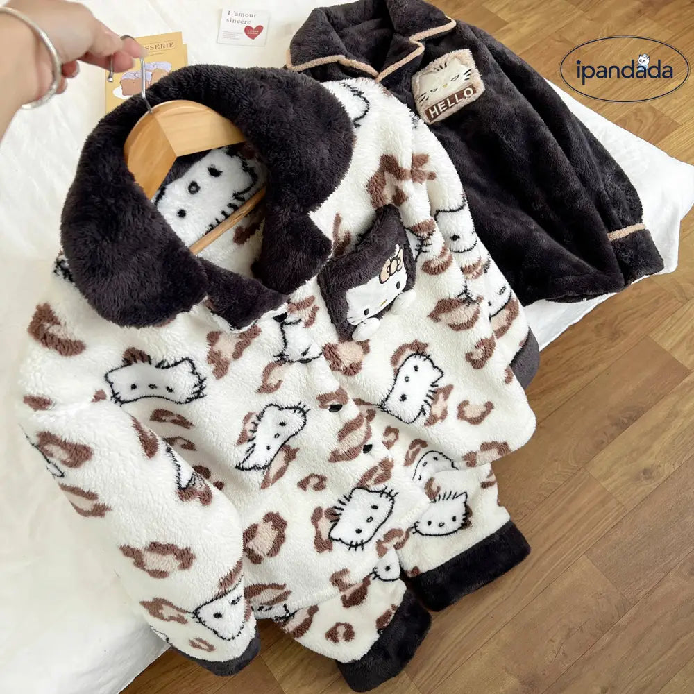 キティ猫 パジャマ レディース 秋冬 珊瑚フリース フランネル 厚手 フリース裏起毛 カップル ティーン メンズ ホームウェア 暖かい 柔らかい 保温 快適 おしゃれ ルームウェア 自宅用 ID2708
