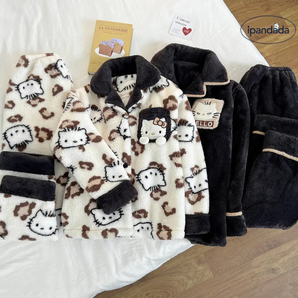 キティ猫 パジャマ レディース 秋冬 珊瑚フリース フランネル 厚手 フリース裏起毛 カップル ティーン メンズ ホームウェア 暖かい 柔らかい 保温 快適 おしゃれ ルームウェア 自宅用 ID2708