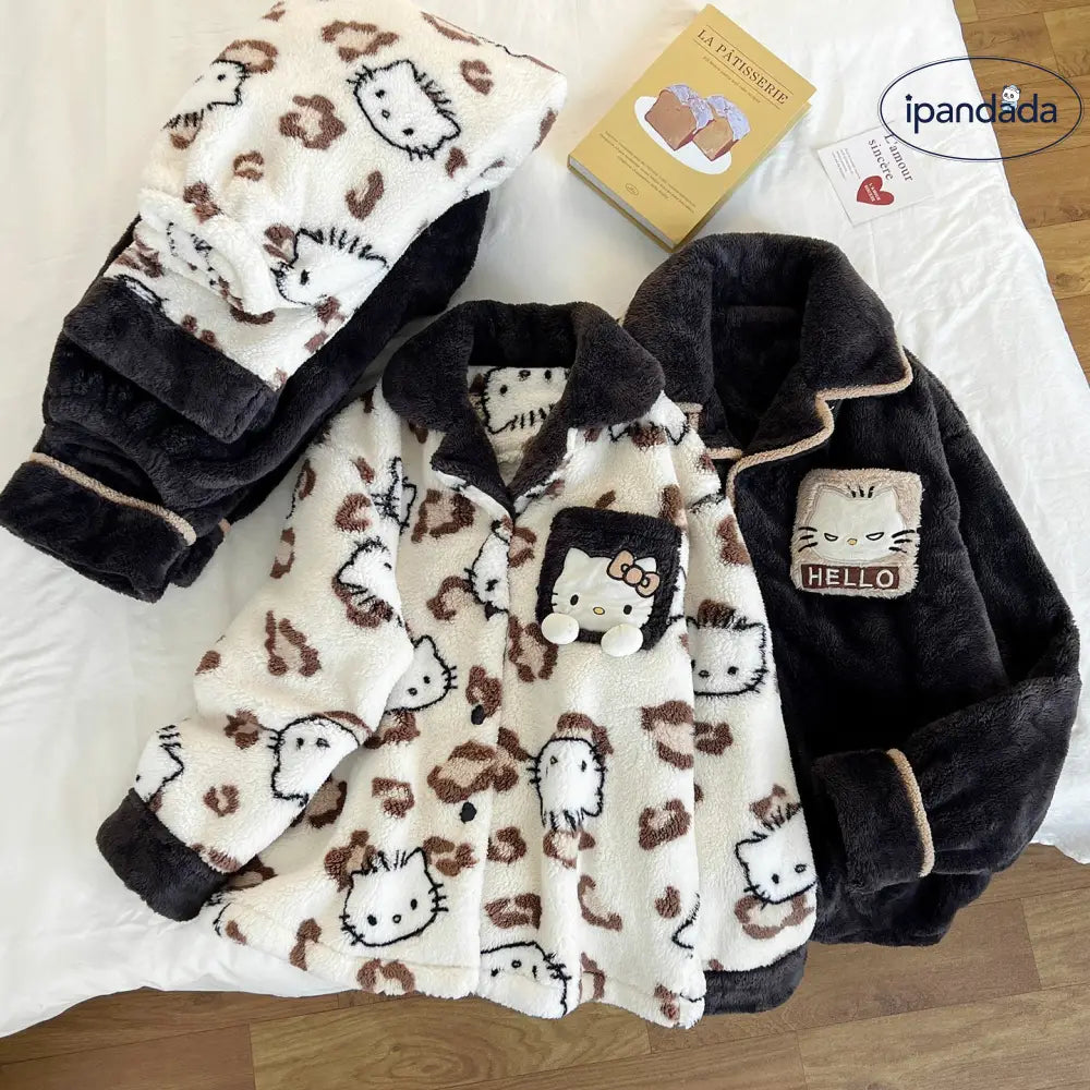 キティ猫 パジャマ レディース 秋冬 珊瑚フリース フランネル 厚手 フリース裏起毛 カップル ティーン メンズ ホームウェア 暖かい 柔らかい 保温 快適 おしゃれ ルームウェア 自宅用 ID2708