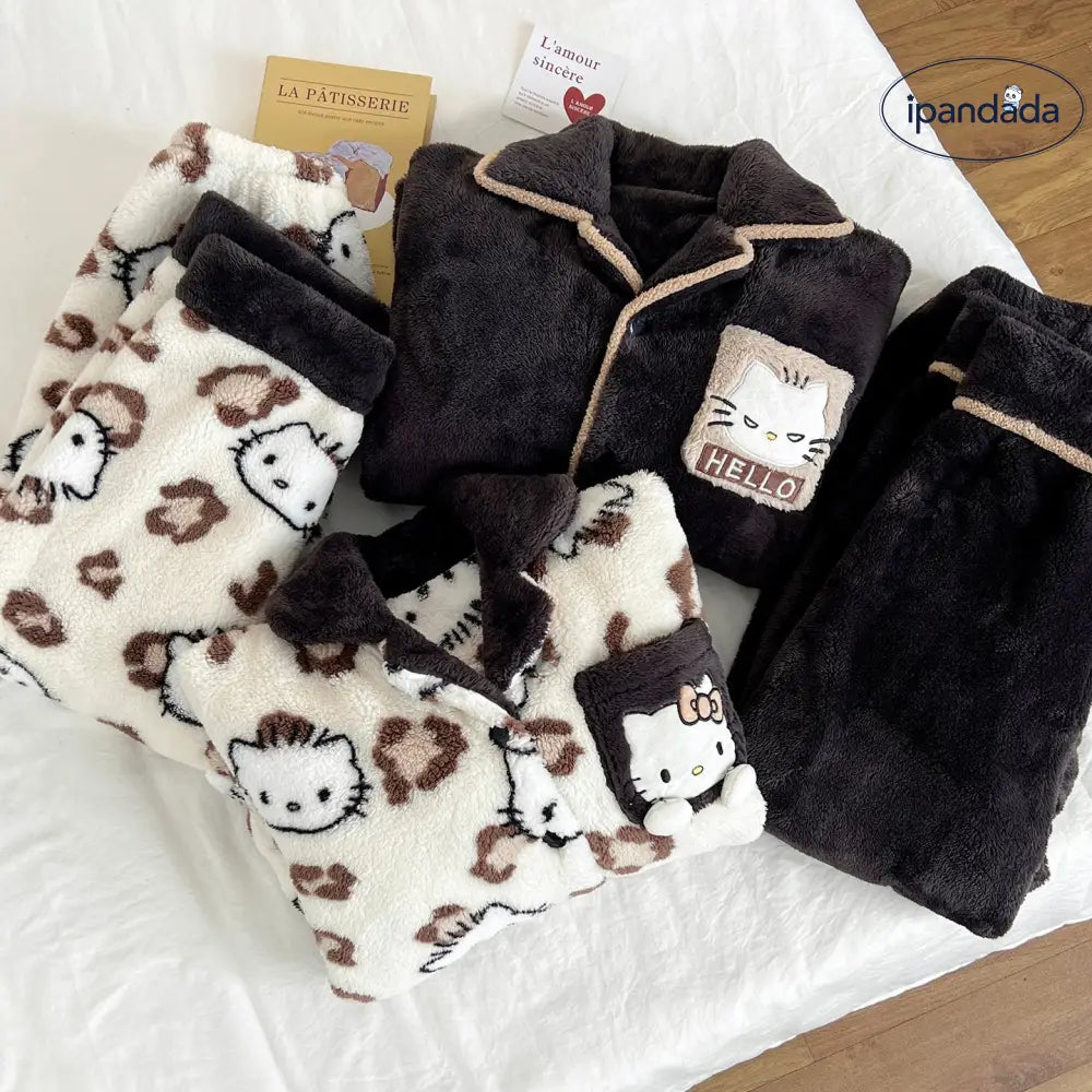 キティ猫 パジャマ レディース 秋冬 珊瑚フリース フランネル 厚手 フリース裏起毛 カップル ティーン メンズ ホームウェア 暖かい 柔らかい 保温 快適 おしゃれ ルームウェア 自宅用 ID2708