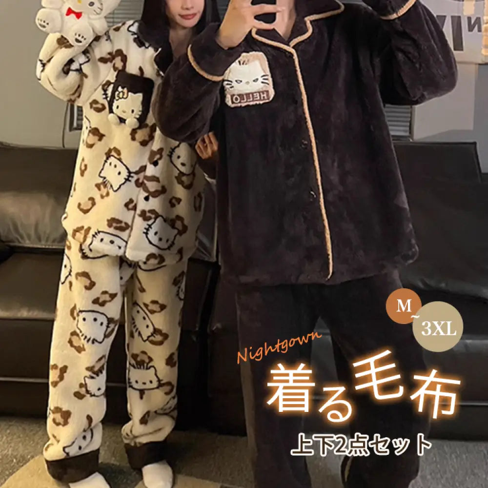 キティ猫 パジャマ レディース 秋冬 珊瑚フリース フランネル 厚手 フリース裏起毛 カップル ティーン メンズ ホームウェア 暖かい 柔らかい 保温 快適 おしゃれ ルームウェア 自宅用 ID2708 コーディネート＞ペアルック