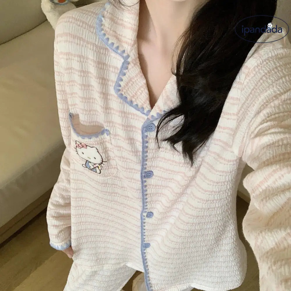 キティ 綿 パジャマ セット 春秋冬 ルームウェア 部屋着 寝間着 長ズボン 長袖 2点セット 肌触り最高 リラックス 大人可愛い プレゼント ID4192 レディース＞セットアップ