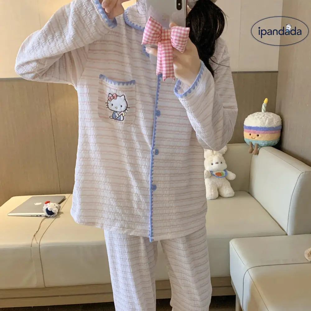キティ 綿 パジャマ セット 春秋冬 ルームウェア 部屋着 寝間着 長ズボン 長袖 2点セット 肌触り最高 リラックス 大人可愛い プレゼント ID4192 レディース＞セットアップ