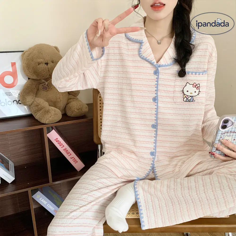 キティ 綿 パジャマ セット 春秋冬 ルームウェア 部屋着 寝間着 長ズボン 長袖 2点セット 肌触り最高 リラックス 大人可愛い プレゼント ID4192 レディース＞セットアップ